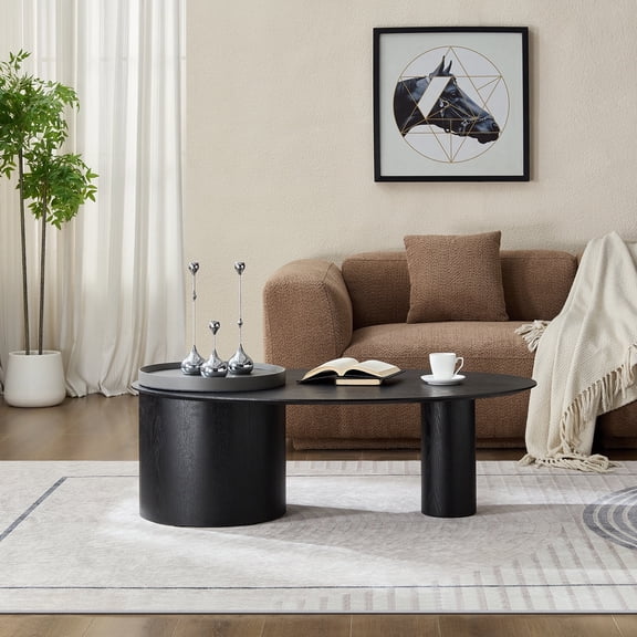 FFZ Modern Oval Coffee Table with Functional Tray and Matte Black Finish, 47.24 x 29.52 x 16.53 inch, Black