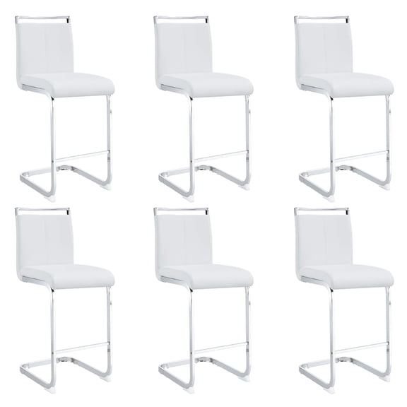 FFZ Modern PU Leather Bar Stool Set of 6 with Chrome C-Tube Metal Legs, White+silver
