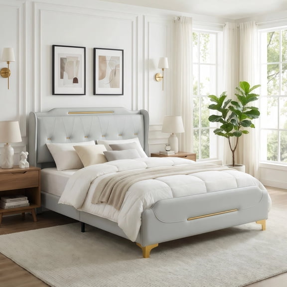 FFZ Queen Upholstered Wingback Bed Frame with PU Leather and Gold Metal Accents, 85.5 x 65.5 x 45.5 inch, Grey