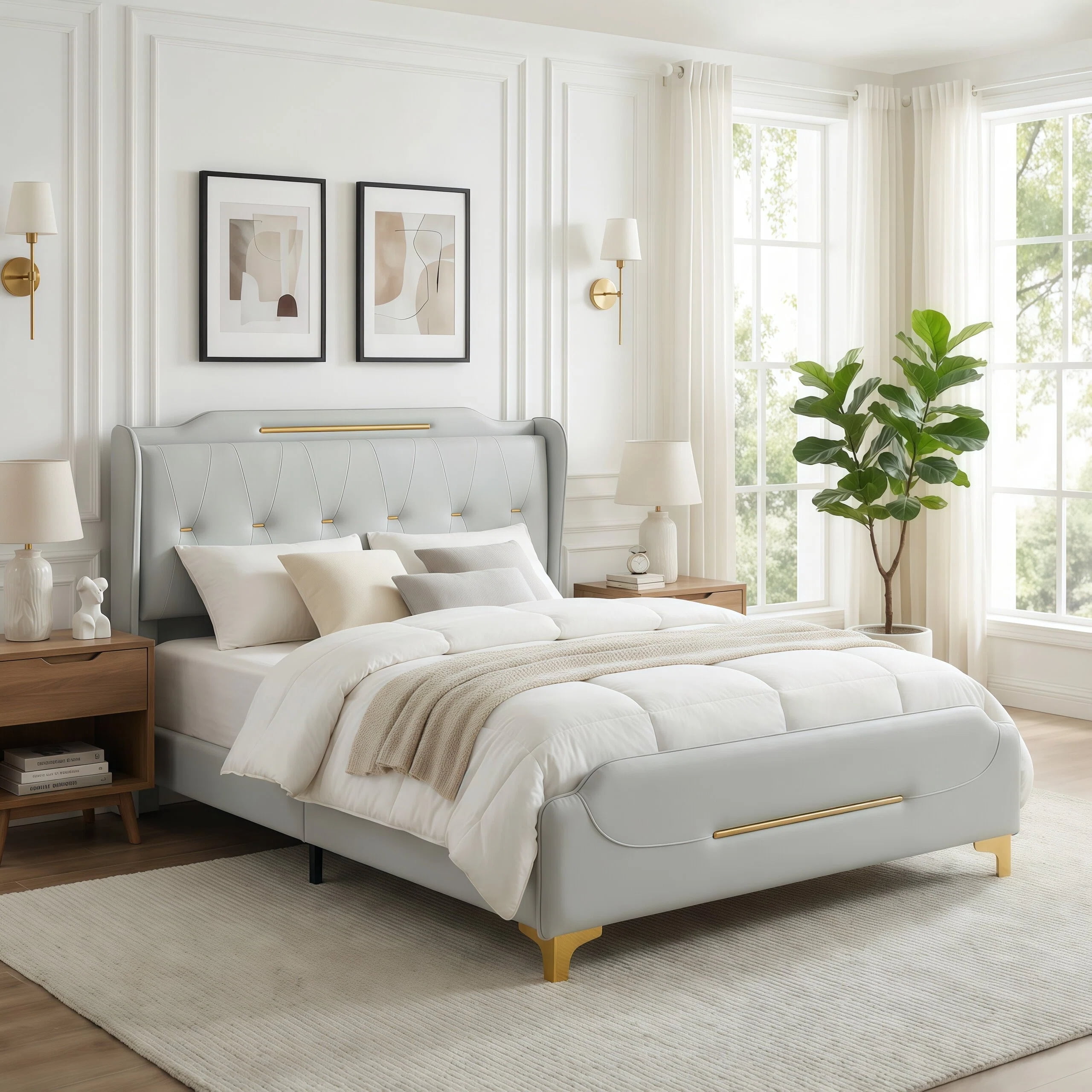 FFZ Modern PU Leather Upholstered Queen Platform Bed Frame with Wingback Headboard, Grey
