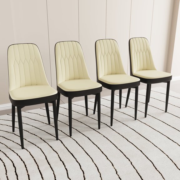 FFZ Set of 4 PU Leather Dining Chairs with Thick Cushions and Black Metal Legs, Beige+Black