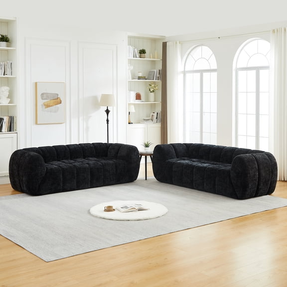 FFZ Modern Quilted Cloud Sofa with Pure Foam Construction and Rounded Armrests, Black