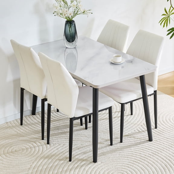 FFZ Rectangular Dining Table and 4 Chairs Set with Tempered Glass Top, White+Black