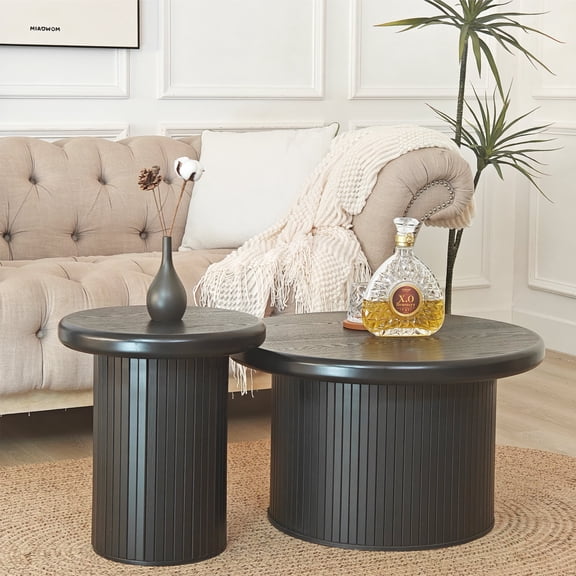 FFZ Modern Round Fluted Coffee Table Set with Nesting Design, Black