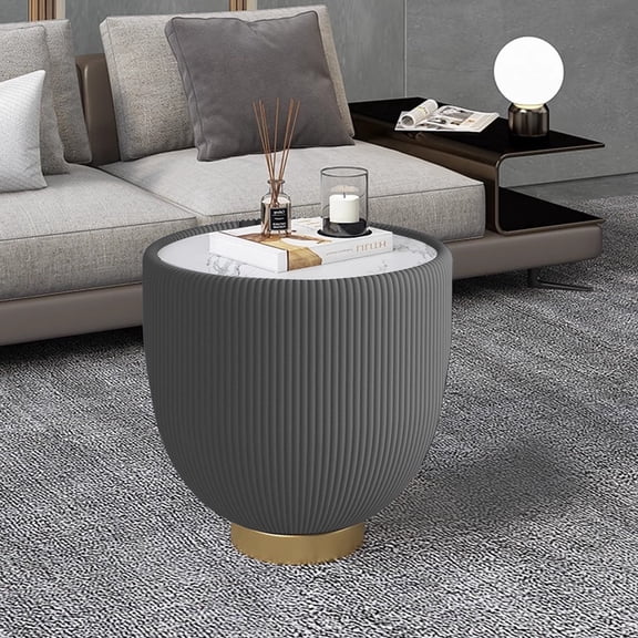 FFZ Modern Round Sintered Stone End Table with PU Leather Edge and Metal Base, Grey