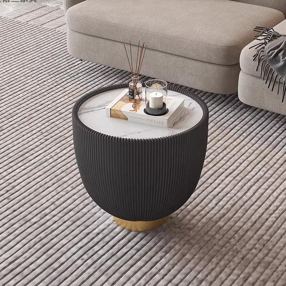 FFZ Modern Round Sintered Stone End Table with PU Leather Edge and Metal Base, Gold+black
