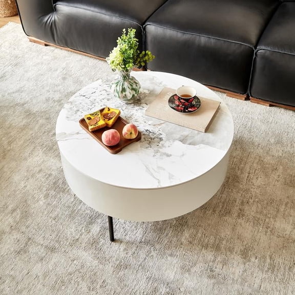 FFZ Round Coffee Table with Ceramic Top, Wood Veneer and Metal Legs, 31.5 x 31.5 x 15.75 inch, White+Natural
