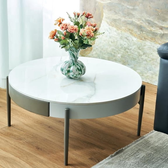 FFZ Modern Round Coffee Table with Ceramic Top, Drawers and Metal Legs, 31.49 x 31.49 x 13.77 inch, White+gray