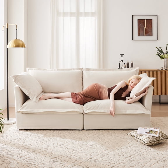 FFZ Modern Slipcovered 2-Seat Sofa Couch with Deep Seat and Detachable Cover, Cream