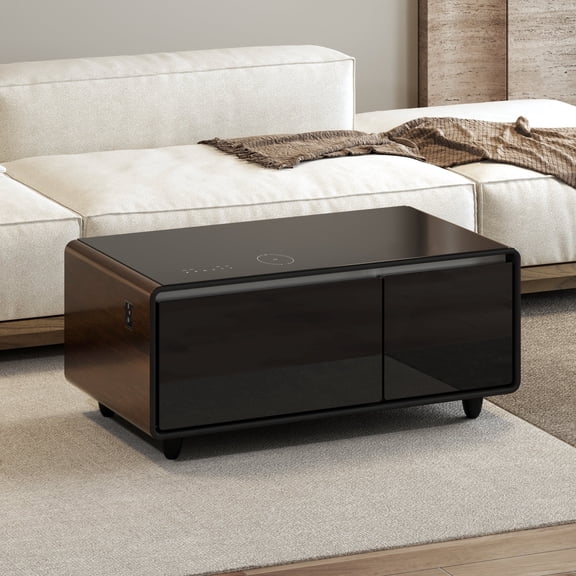 FFZ Modern Smart Coffee Table with Built-in Fridge Freezer Drawers, Bluetooth Speaker, Wireless, Brown