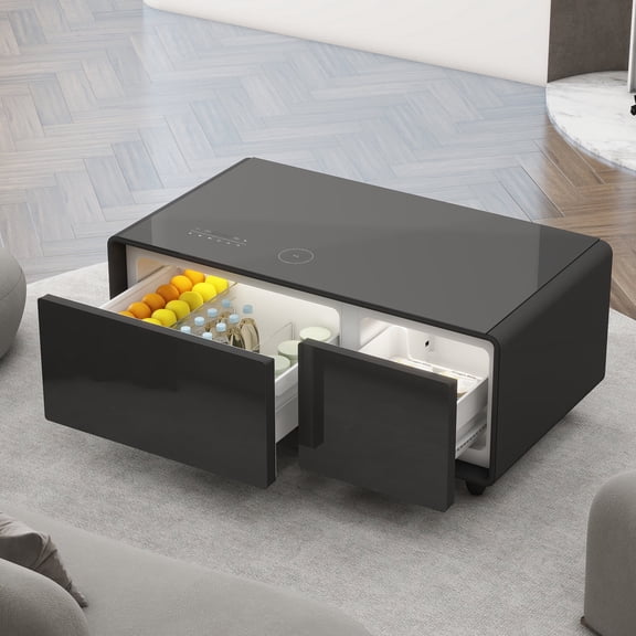FFZ Modern Smart Coffee Table with Built-in Fridge, Bluetooth Speaker and Wireless Charging, Black