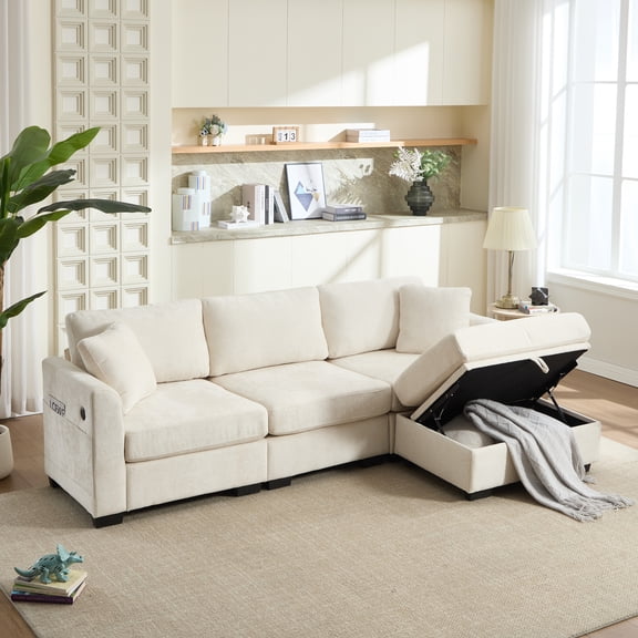 FFZ Modern Storage Dual Usb 2 Side Pockets Ottoman Bench Cloud Sectional Chenille 4-Seat Beige For Living Room Apartment