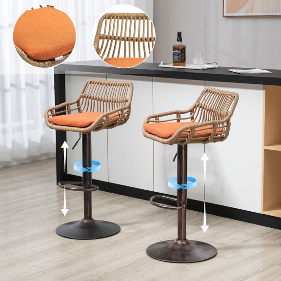 FFZ Adjustable Linen Bar Stool Set of 2 with 360 Swivel and Footrest, 19.29 x 18.9 x 42.91 inch, Orange