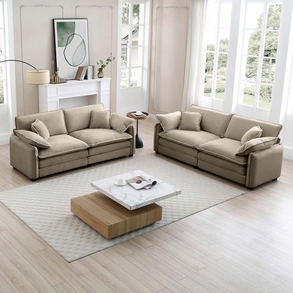 FFZ Modern Two-Piece Sofa Set with Tan Corduroy Fabric and Retro Design, Tan
