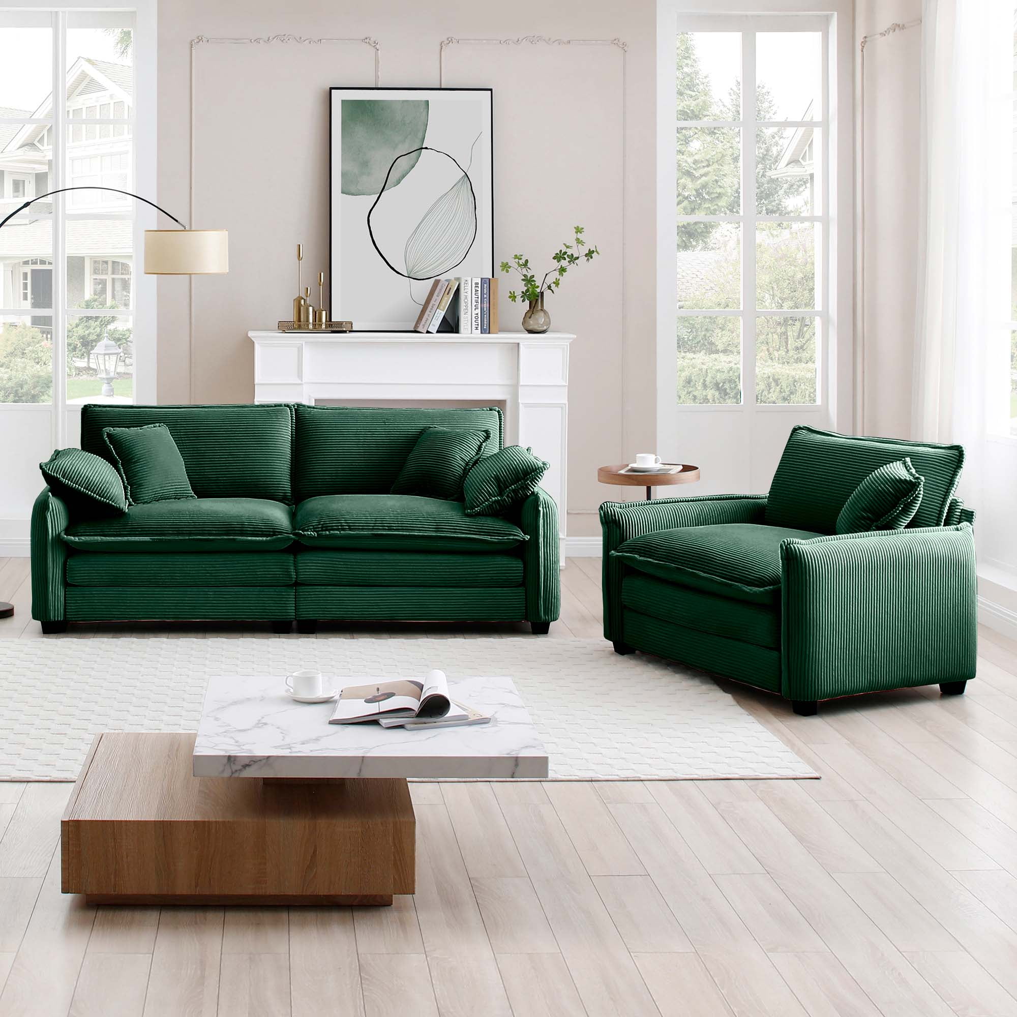 FFZ Modern Two Pieces Set Consists Single Seat 2-Seater Sofas Green ...