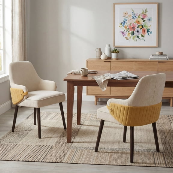 FFZ Indoor Dining Chair Set of 2 with Two-Tone Fabric and Rubber Wood Frame, 21.85 x 24.02 x 31.69 inch, Beige