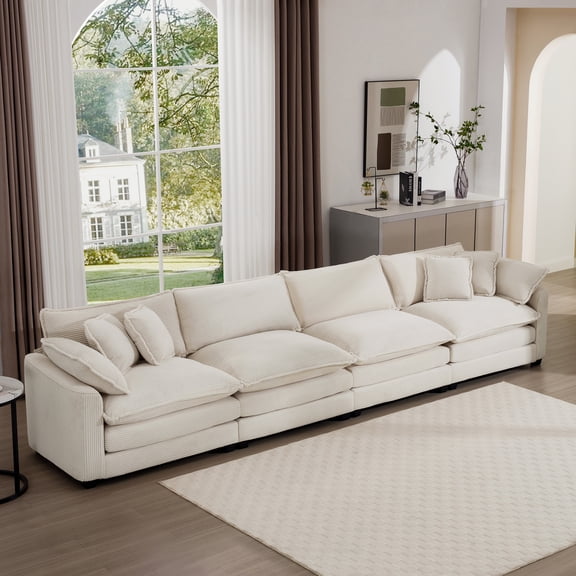 FFZ Modern Upholstered 4 Seater Fabric Sofa Back Seat Cushions Beige For Living Room Apartment