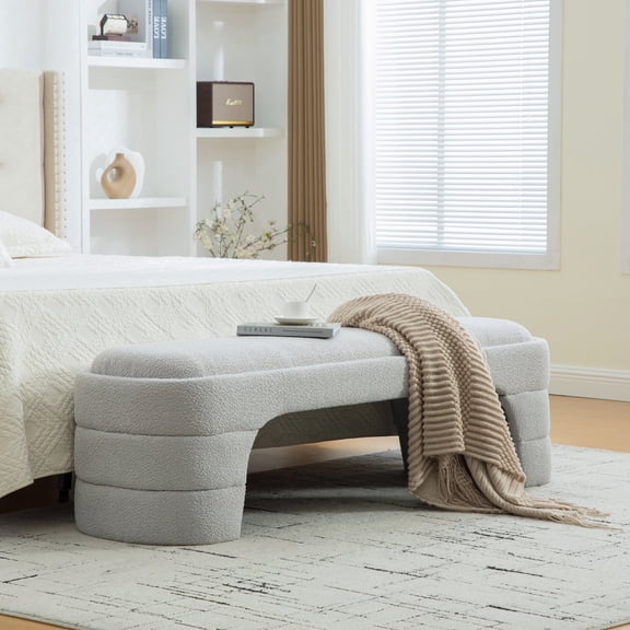 FFZ Modern Upholstered Boucle Bench with Solid Wood Frame and Optimal Seat Height, Light Gray