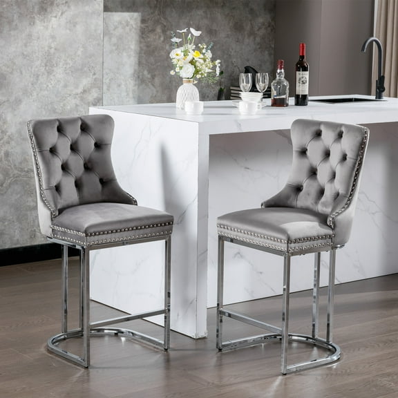 FFZ Modern Velvet Counter Height Bar Stool Set of 2 with Button Tufted Back and Rivet Trim, 21.26 x, Gray