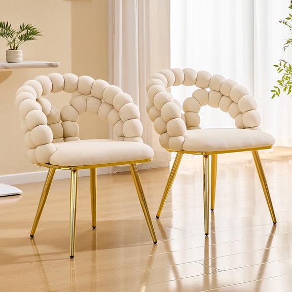 FFZ Set of 2 Modern Velvet Dining Chairs with Bubble Back and Gold Metal Legs, 23 x 19 x 32 inch, Beige