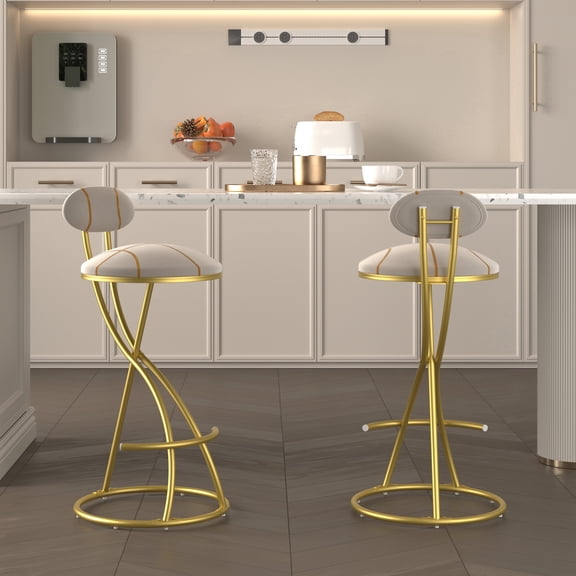 FFZ S-Shaped Stripe Bar Stool Set of 2 with Velvet Seat and Gold Metal Frame, 17.12 x 14.96 x 36.61 inch, Gold