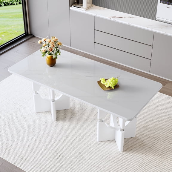 FFZ Modern MDF Dining Table with White Marble Pattern and Metal Frame, 71 x 33.5 x 30.3 inch, White
