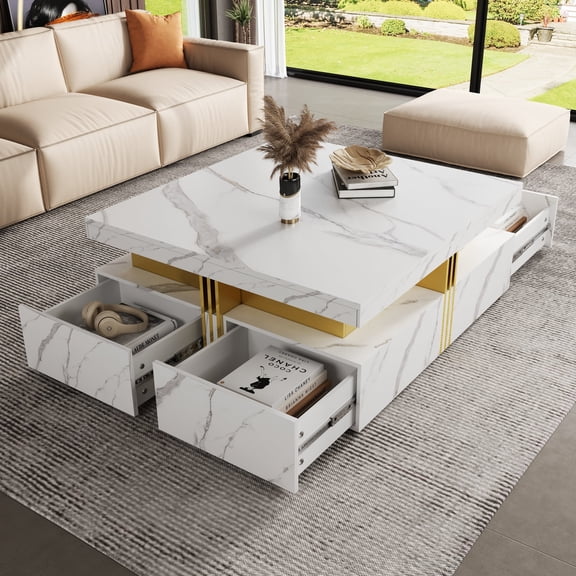 FFZ Modern Square Storage Coffee Table with 4 Drawers and Gold Accents, 43.3 x 43.3 x 16.5 inch, White