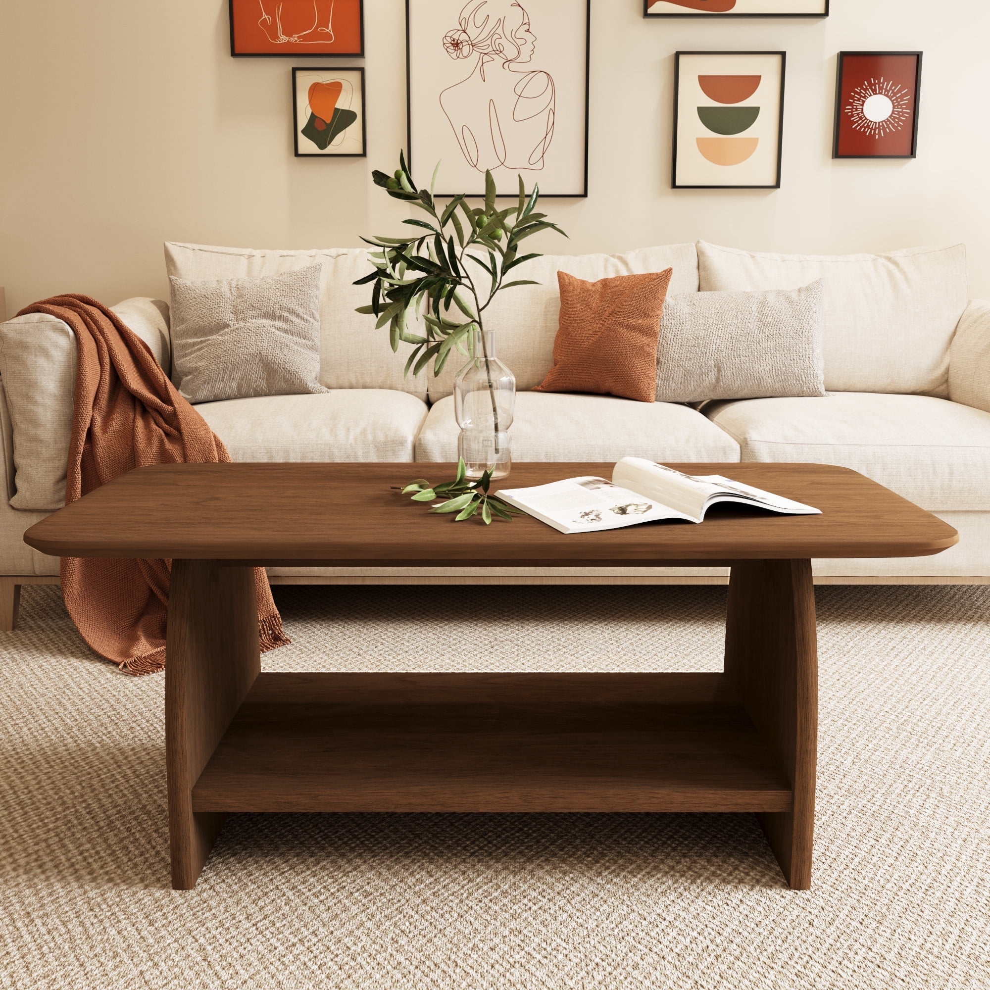 FFZ 47 inch Modern Minimalist Coffee Table with Storage Shelf and Rounded Design, Wood
