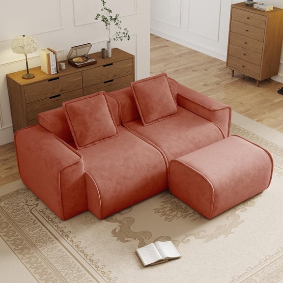 FFZ 2 Seat L-Shaped Sectional Boneless Sofa with French Edge Piping and Ottoman, Velvet Fabric, Red