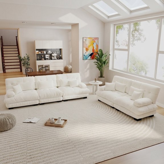 FFZ Modular Chenille Combination Sofa Set with Throw Pillows and Lumbar Pillows, White