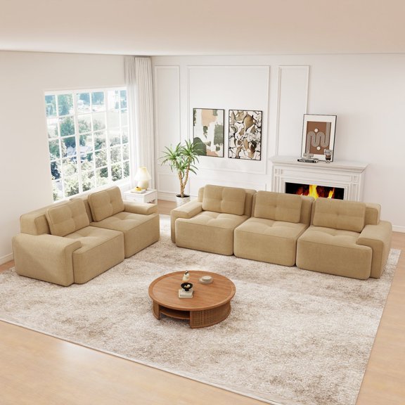 FFZ Modular Corduroy Sectional Sofa with Tufted Design and Curved Armrests, Camel