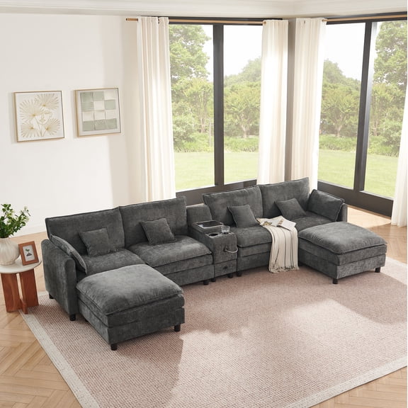 FFZ Modular L-Shaped Sectional Sofa with Reversible Chaise, USB, Storage, Cup, Dark Gray