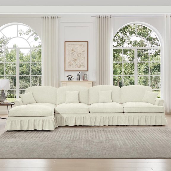 FFZ Modular L-Shaped Sectional with Ruffles and Spindle Legs, Chenille, Beige/White