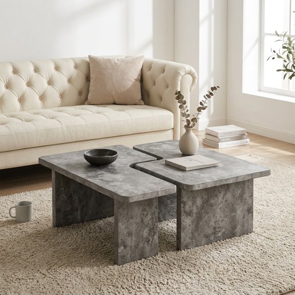 FFZ Modular Puzzle Coffee Table Set of 2 with Concrete Look and L-Shaped Modules, Gray
