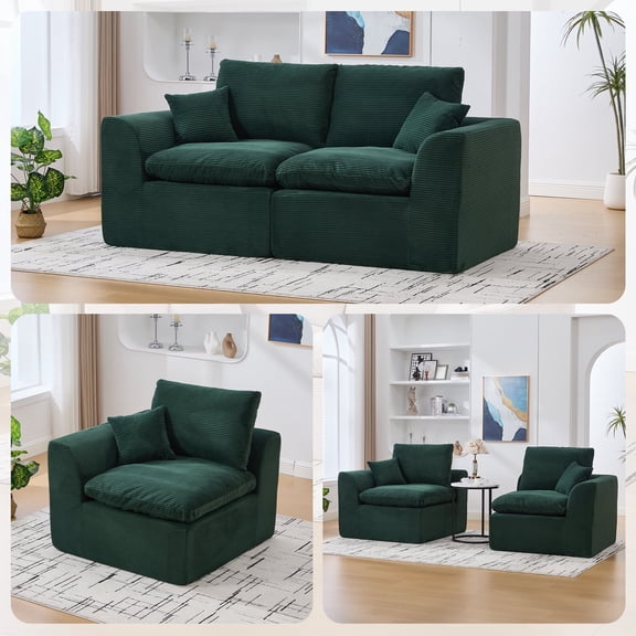 FFZ Modular Sectional Cloud Sofa with Removable Covers and Corduroy Fabric, Emerald