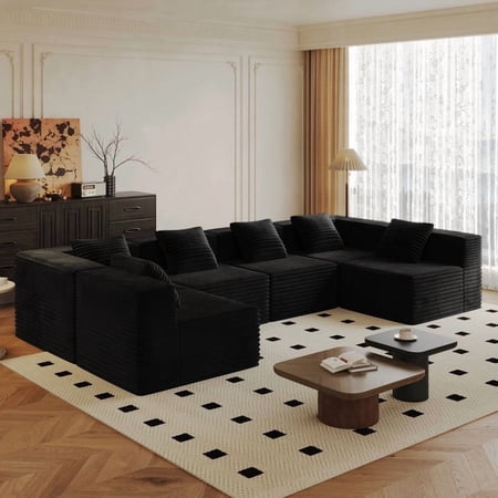 FFZ 136.22 inch Modular Sectional Sofa with Deep Seat, Corduroy Fabric and Boneless Design, Black