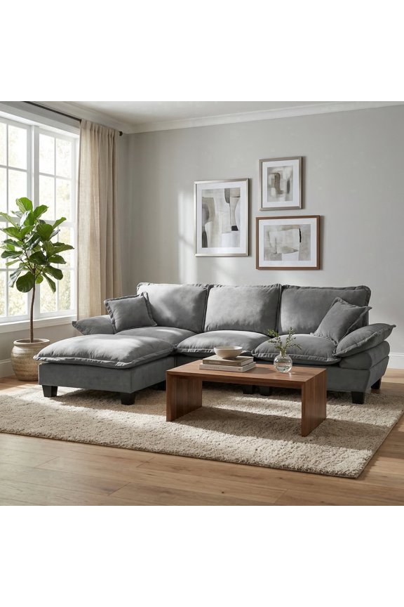 103.5 inch L-Shaped Cloud Sectional Sofa with Sailboat Design, 2 Ottomans and Chenille Fabric, Grey