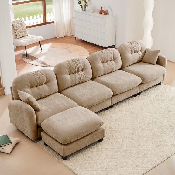 FFZ Modular L-Shaped Sectional Sofa with Ottoman, Chenille Fabric and Tufted Backrest, Camel
