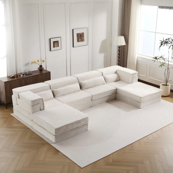 FFZ Mahjong Sofa Bed with 2 Ottomans, Convertible Modular Sectional, Circle Fleece Fabric, White