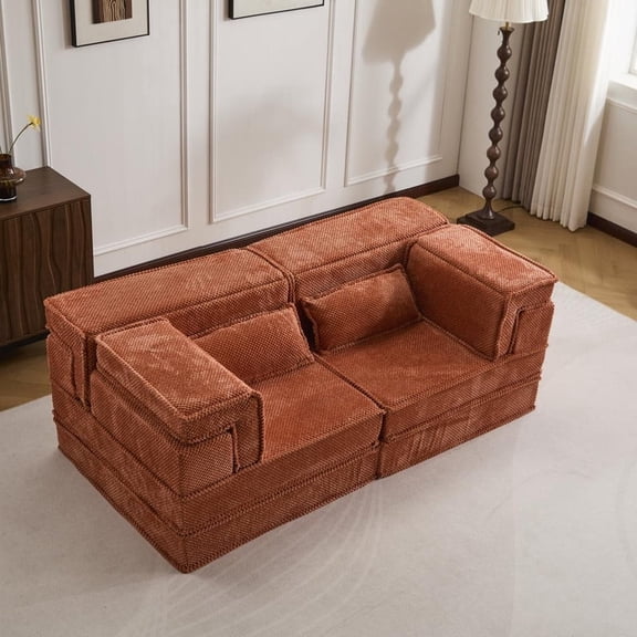FFZ Compression Mahjong Sofa with Circle Fleece Fabric, Modular Sectional, No Assembly, Orange