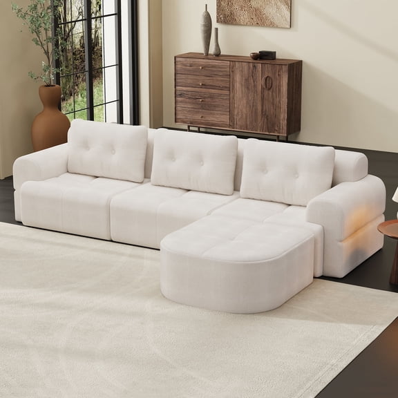 FFZ 112.2 inch Modular Sectional Sofa with Chaise, Full-Foam Structure and Woven Upholstery, Beige White