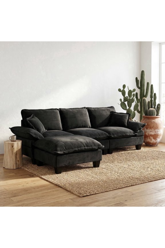 103.5 inch L-Shaped Cloud Sectional Sofa with Sailboat Design, 2 Ottomans and Chenille Fabric, Black