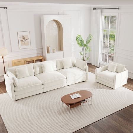 FFZ 3-Piece Upholstered Chenille Sectional Sofa Set with Accent Chair, White