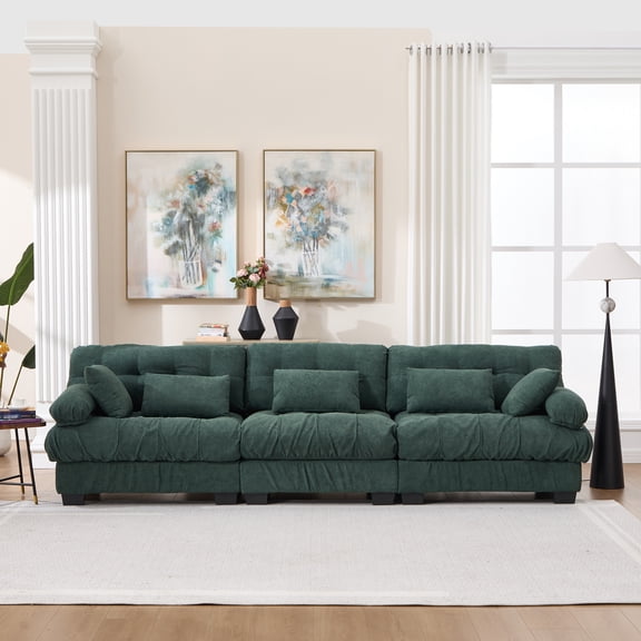 FFZ Modular Sectional Sofa with 5 Throw Pillows, Advanced Flannelette, Cloud Design, Green