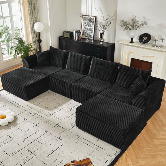 FFZ 130 inch U-Shaped Modular Sectional Sofa with Deep Memory Foam Seating, Convertible Design, No, Black