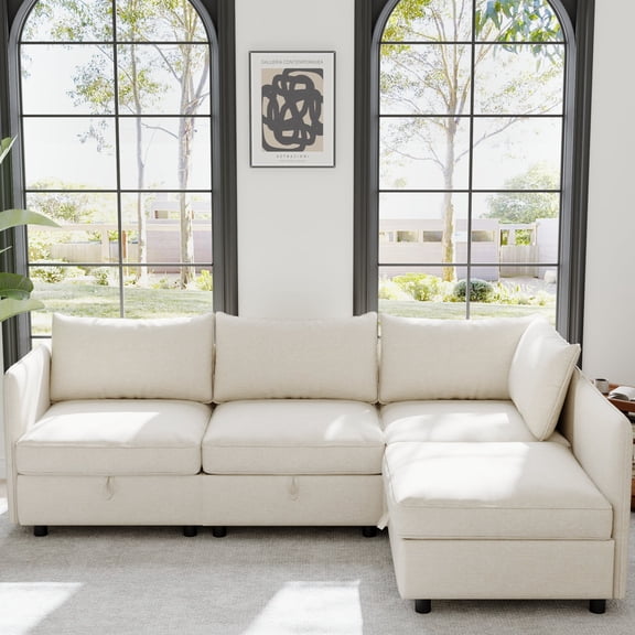 FFZ 98.5" Modular Sectional Sofa with Storage, Sleeper, Chenille Fabric, Beige