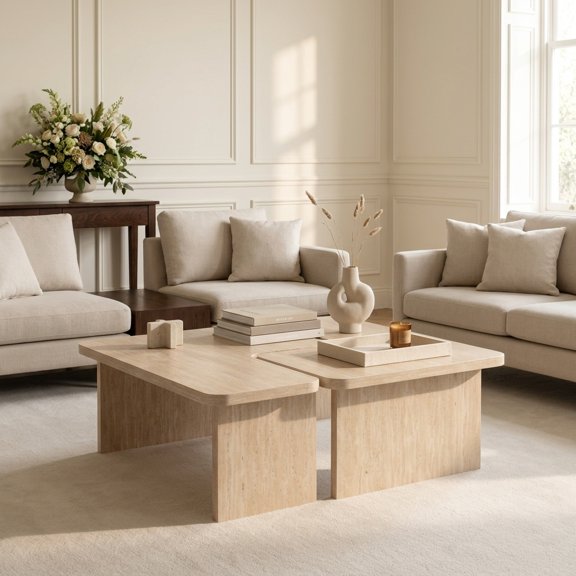 FFZ Modular Travertine Coffee Table Set of 2 with L-Shaped Puzzle Design, Beige