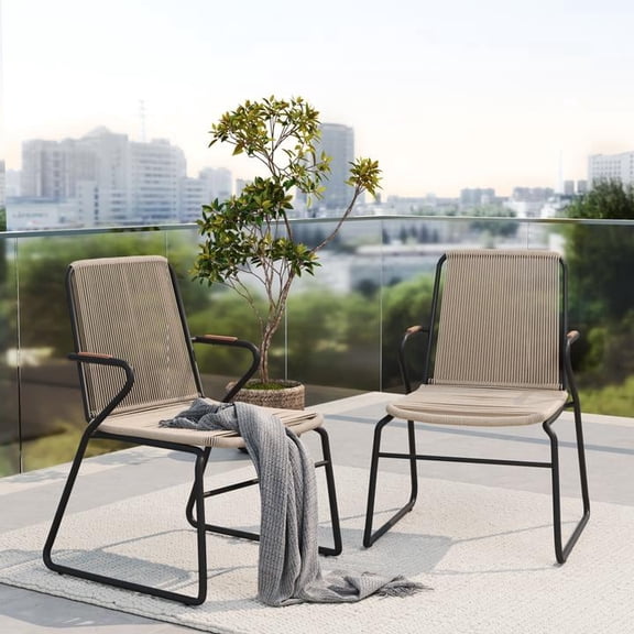 FFZ Moonstone Chair Set of 2 with Iron Frame and Woven Rope, 22.2 x 23.75 x 34 inch, Light Brown