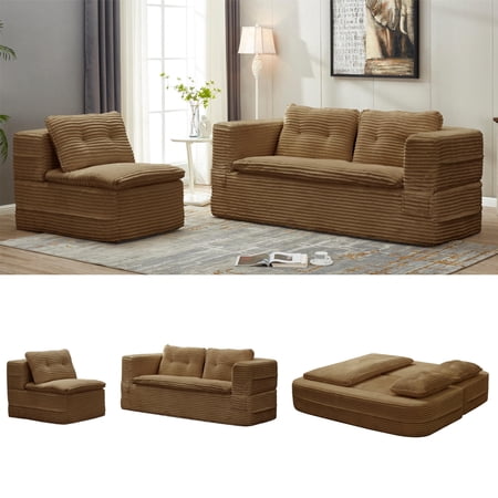FFZ 80 inch Convertible Corduroy Sectional Sofa Bed with Independent Chaise and Blanket, Camel