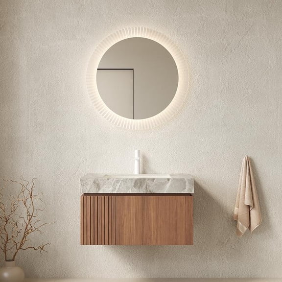 FFZ 30" Floating Bathroom Vanity with Sintered Stone Top, Ceramic Basin, Plywood Cabinet, Brown Oak